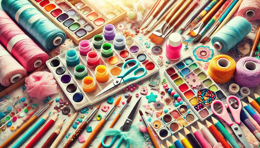 Colorful arts and craft supplies, including paintbrushes, paints, pencils, beads, fabric, and glue, arranged on a creative workspace.