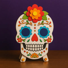 DIY sugar skull craft kit with vibrant floral decorations, perfect for kids and adults celebrating Día de los Muertos with hands-on Day of the Dead activities.
