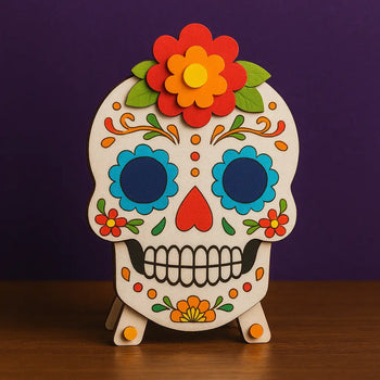 DIY sugar skull craft kit with vibrant floral decorations, perfect for kids and adults celebrating Día de los Muertos with hands-on Day of the Dead activities.