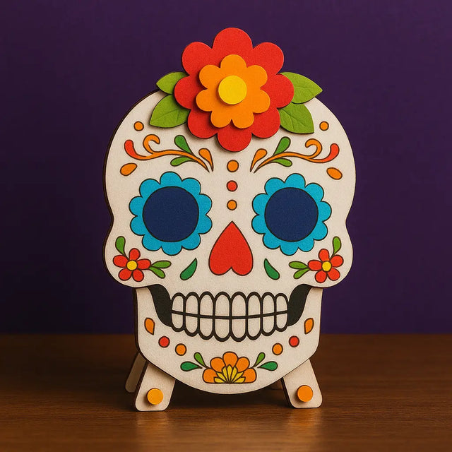 DIY sugar skull craft kit with vibrant floral decorations, perfect for kids and adults celebrating Día de los Muertos with hands-on Day of the Dead activities.
