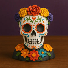 Colorful sugar skull figurine with floral crown and collar, perfect for Day of the Dead tabletop decorations and Día de los Muertos altar displays.
