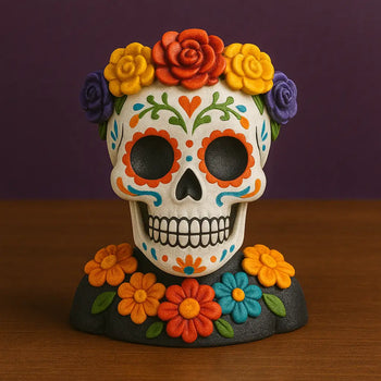 Colorful sugar skull figurine with floral crown and collar, perfect for Day of the Dead tabletop decorations and Día de los Muertos altar displays.