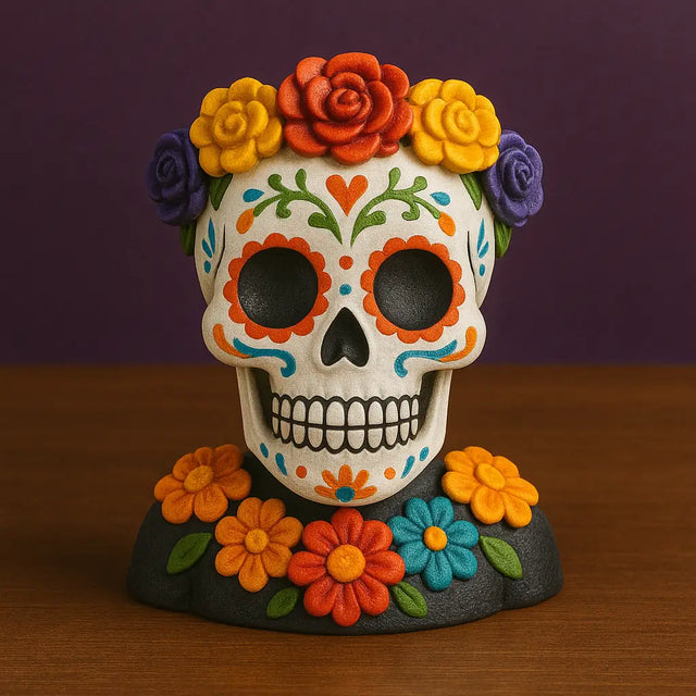 Colorful sugar skull figurine with floral crown and collar, perfect for Day of the Dead tabletop decorations and Día de los Muertos altar displays.