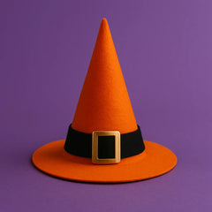 Classic orange witch hat with black band and gold buckle, perfect Halloween costume accessory for kids, adults, and spooky party outfits.