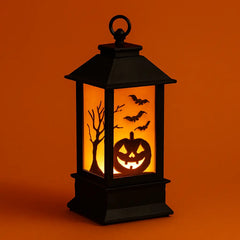 Halloween lantern with glowing jack-o'-lantern, bats, and tree silhouettes, perfect spooky lighting for Halloween displays, porches, and party décor.