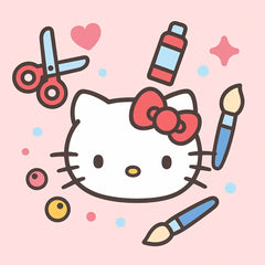 hello kitty face with red bow surrounded by scissors, glue, paintbrush, and beads on a pink background