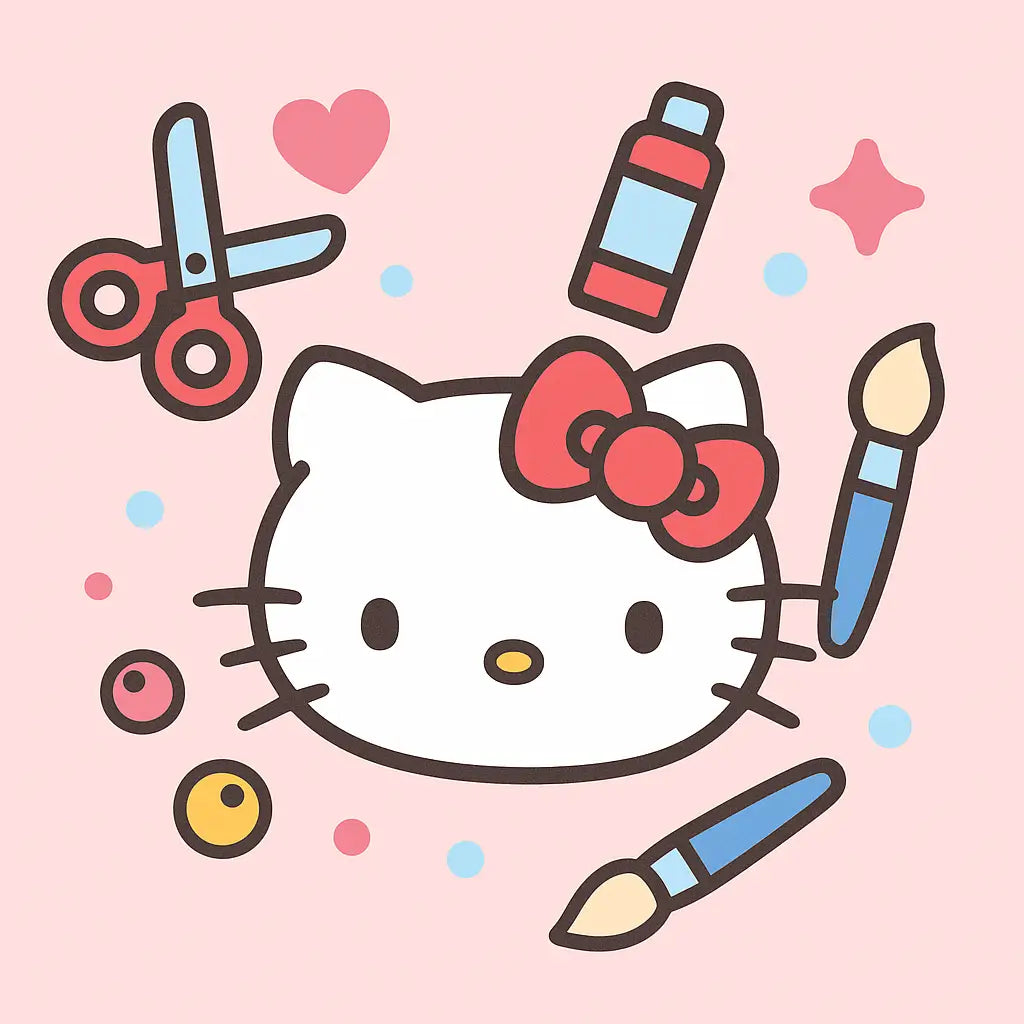 hello kitty face with red bow surrounded by scissors, glue, paintbrush, and beads on a pink background