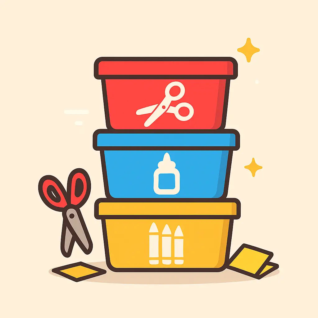 Stacked red, blue, and yellow craft storage bins labeled with scissors, glue, and crayons, surrounded by scissors and paper on a beige background with sparkles.
