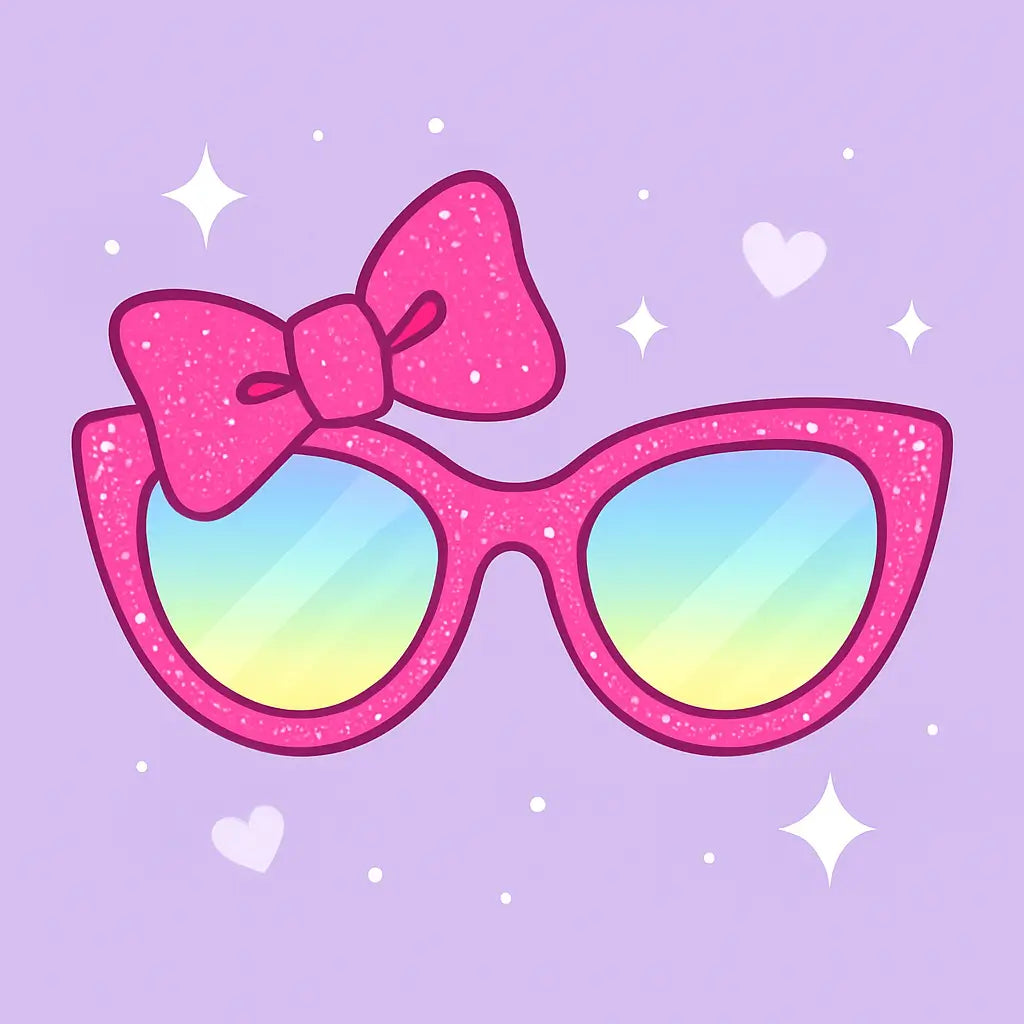 Pink glittery JoJo Siwa sunglasses with a bow and rainbow lenses on a lavender background with stars and hearts.