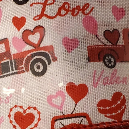 Valentine's Day Decorative Ribbon with Hearts, Red Truck, and words 2.5in x 12ft
