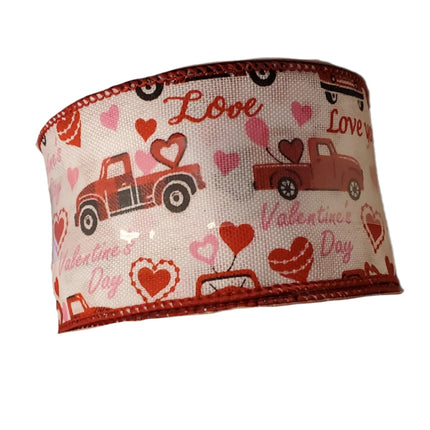 Valentine's Day Decorative Ribbon with Hearts, Red Truck, and words 2.5in x 12ft