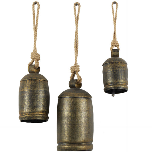 DecMode Bronze Metal Tibetan Inspired Decorative Hanging Bell Chime Set of 3 5", 4", 3"H, Features a Round Shape with Solid Pattern and Metal Clappers