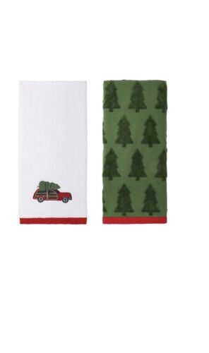 St Nicholas Square Car Tree White &Green Christmas Bath Hand Towel Set of 2 NEW