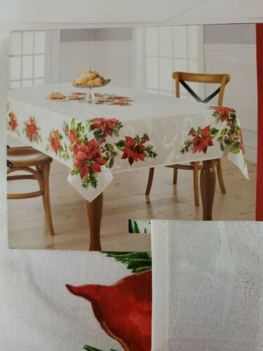 Oblong Tablecloth, St Nicholas Square, Poinsettia Border 60" x 84" Holiday