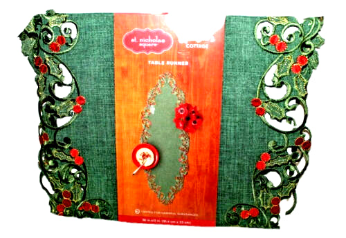 Table Runner, St Nicholas Square, Kringle's Cottage Green Holly Cutout 36"