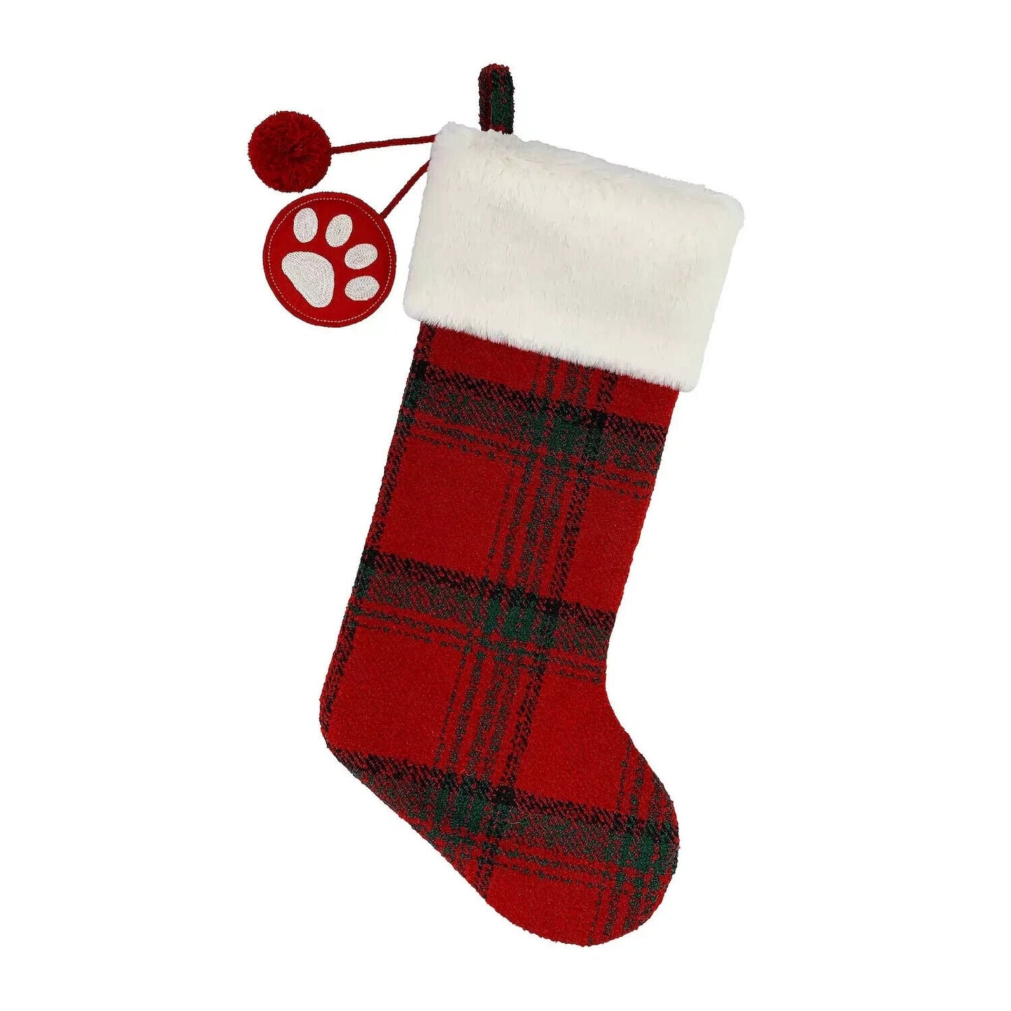 St. Nicholas Square Red Square Plaid Christmas Stocking Pet Paw Print 21 Inches