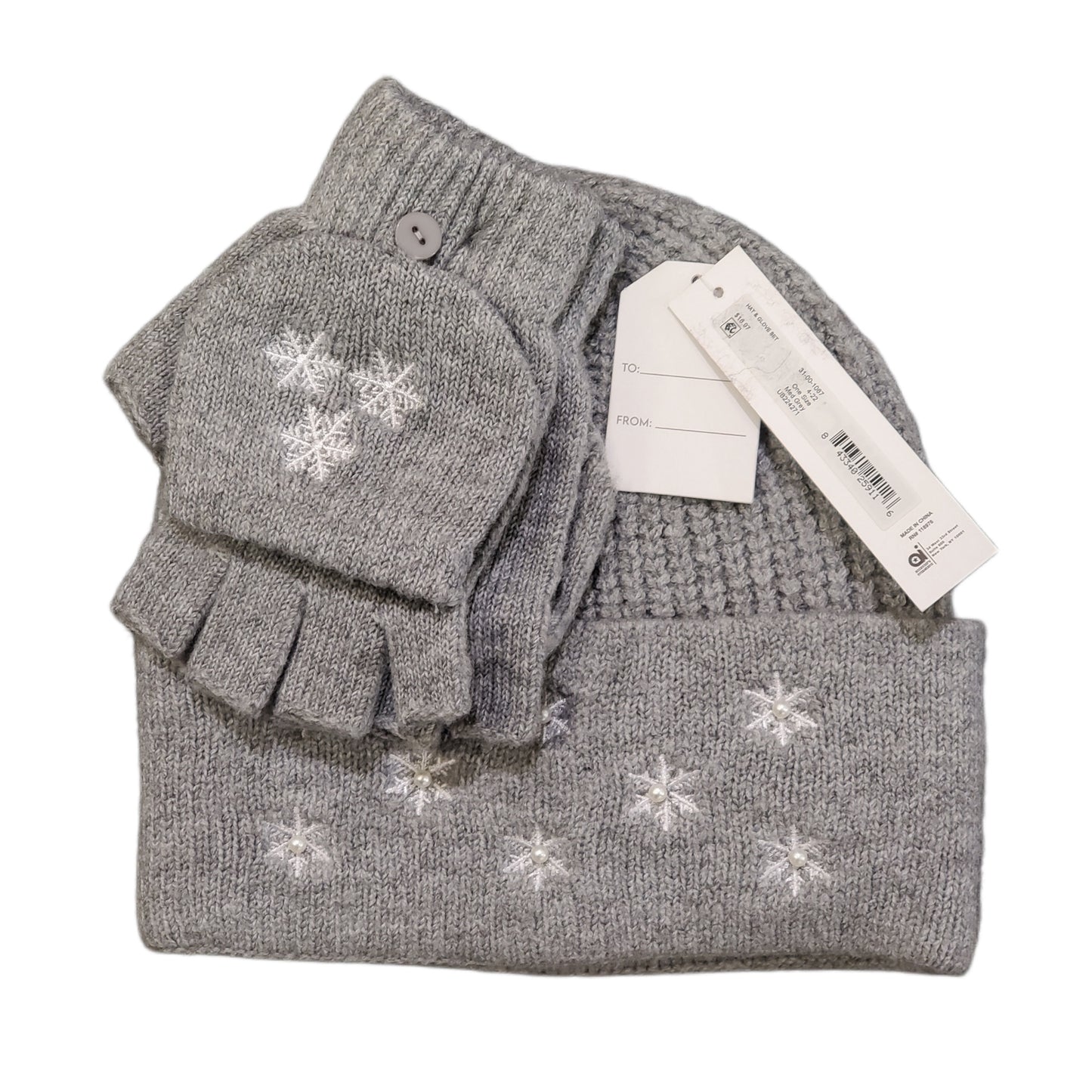 BEANIE AND GLOVE SET, MED GREY WITH SNOW FLAKES, ONE SIZE FITS MOST