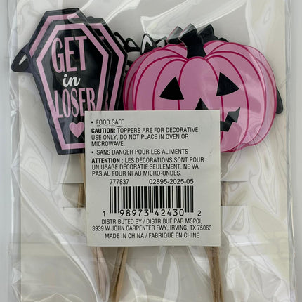 Pink Halloween Cupcake Toppers – Pumpkin, Skeleton & Coffin (12 Count)