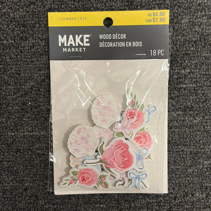 Pink Floral Wooden Craft Shapes – Rose, Bow &amp; Seashell Set (18 Pieces)