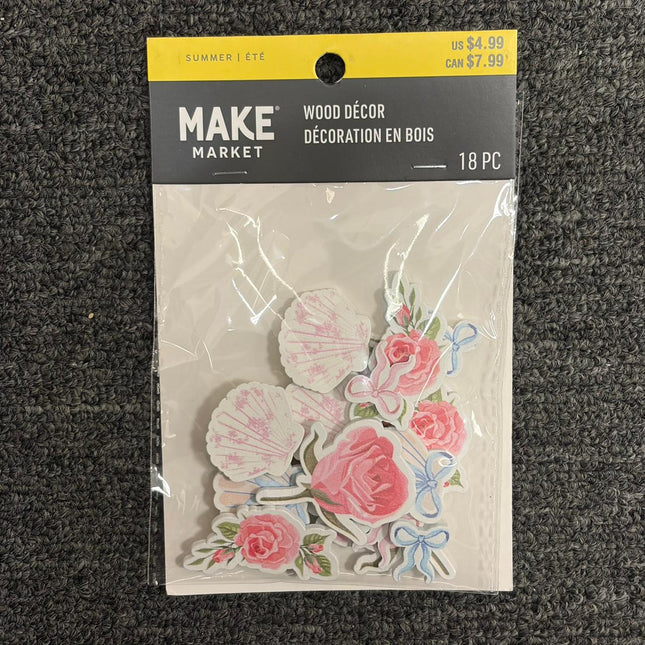 Pink Floral Wooden Craft Shapes – Rose, Bow &amp; Seashell Set (18 Pieces)