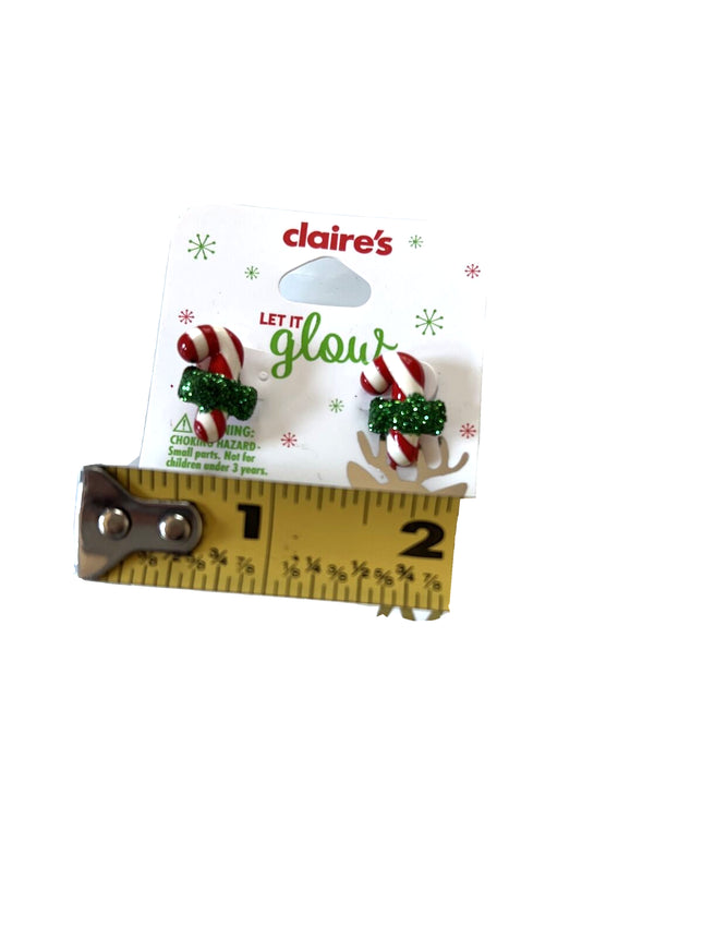 Christmas Candy Cane Glitter Bow Stud Earrings