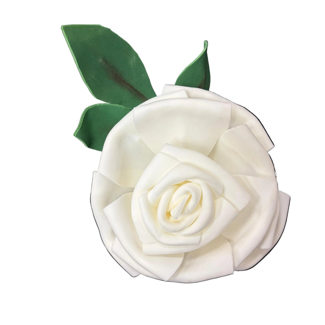 Ashland Spring Fantasy Wall Décor – White Rose with Leaves (3" Height × 8" Width, Hook Attached)