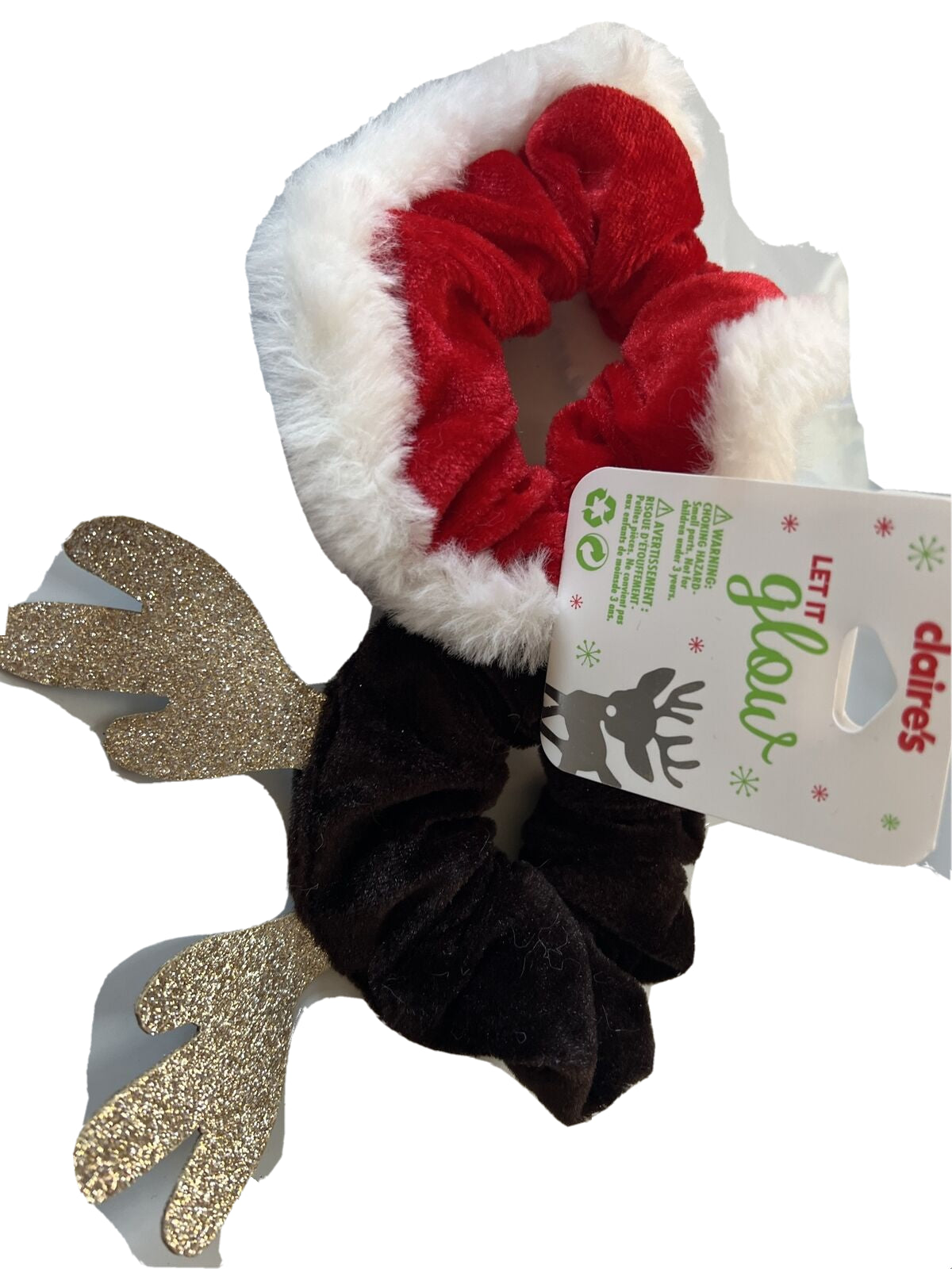 2 Pack NEW Claire's Let It Glow Santa, Reindeer Scrunchies Holiday