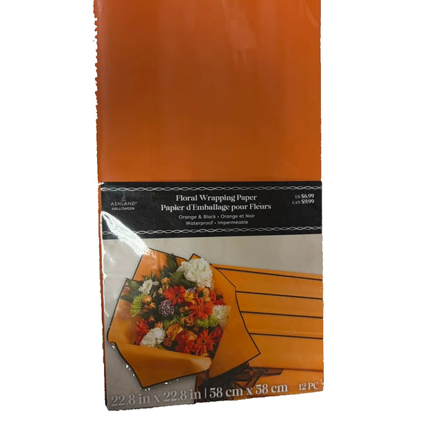 Orange & Black Floral Wrapping Paper – Waterproof Bouquet Wrap (22.8" x 22.8", 12 Pack)