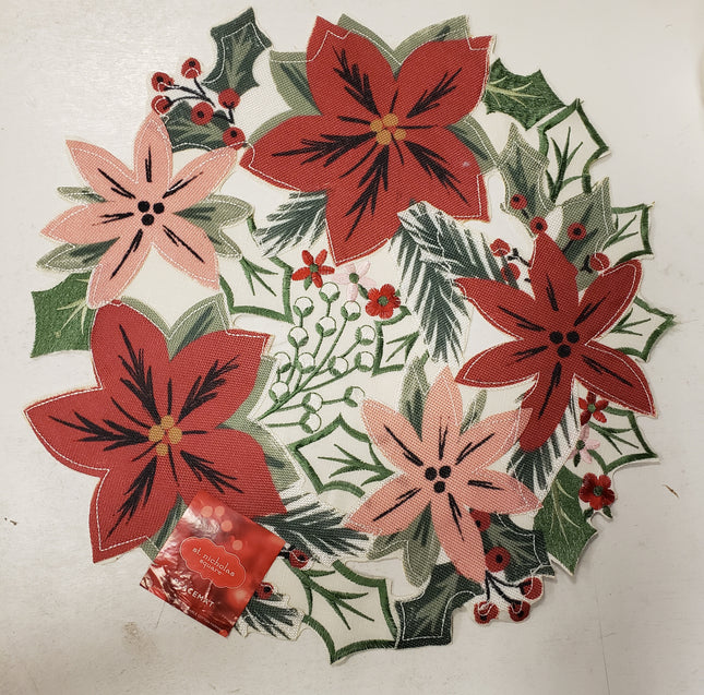 ST NICHOLAS SQUARE PLACEMATS, EMBROIDERED. PAINTERLY POINSETTIA
