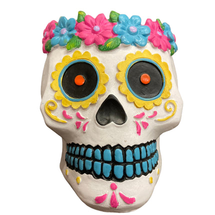 Ashland Day of the Dead Skull Candle Holder with Blue and Pink Flowers Decoration 6x5in