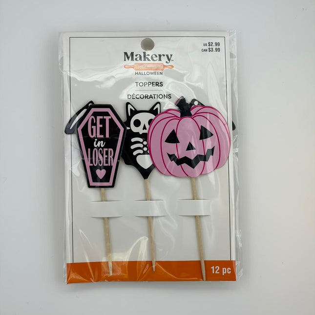 Pink Halloween Cupcake Toppers – Pumpkin, Skeleton & Coffin (12 Count)