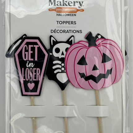 Pink Halloween Cupcake Toppers – Pumpkin, Skeleton & Coffin (12 Count)