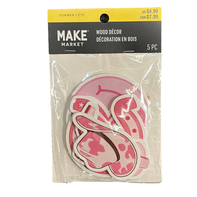 Pink Cowgirl Summer Wooden Craft Shapes – Western DIY Décor (5 Pieces)