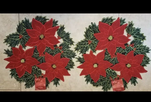 (2) St. Nicholas Square Poinsettia Cutout Table Placemats Holiday Red Floral NEW