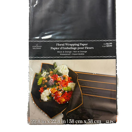 Halloween Black & Orange Floral Wrapping Paper – Waterproof Bouquet Wrap (22.8" x 22.8", 12 Pack)