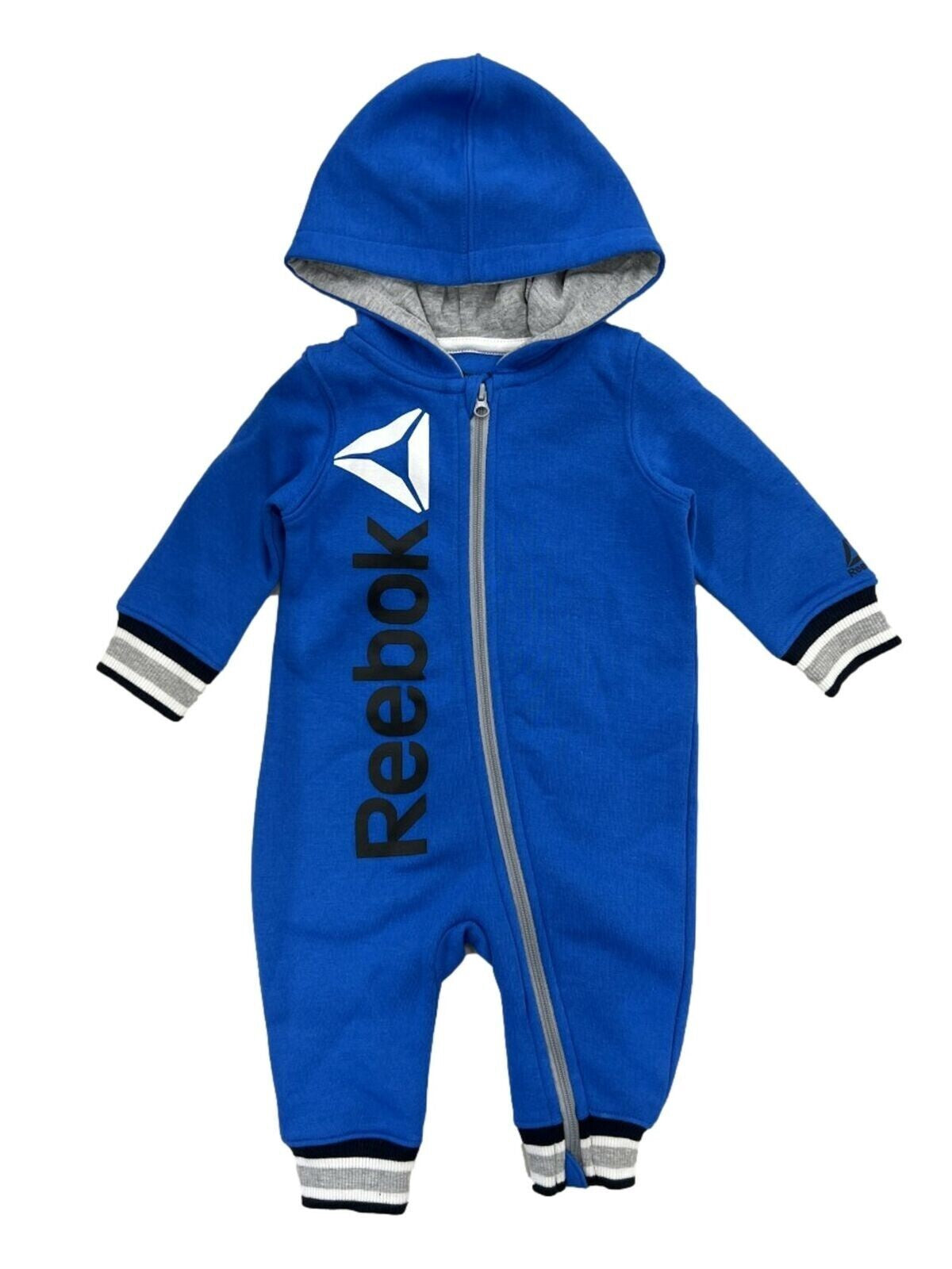 Reebok Infant Boys Blue Black & Gray Zip Up Hooded Romper Outfit Size 0-3 Months