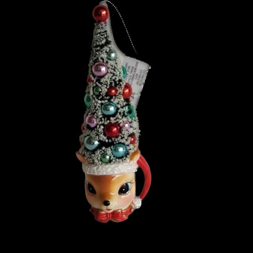 VINTAGE DEER HEAD MUG WITH GLITTER BRISTLE TREE