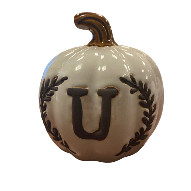 Ashland Fall White Porcelain Pumpkin with Letter U 5x5in