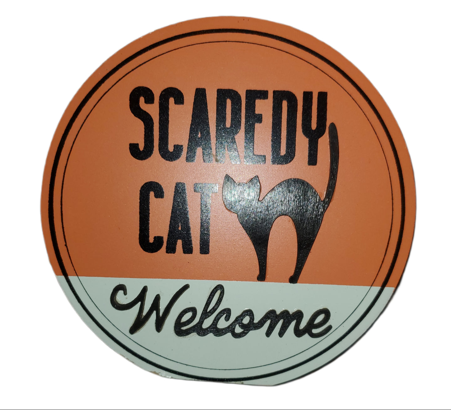 ASHLAND HALLOWEEN TABLETOP DECOR, 5.5 IN CIRCLE "SCAREDY CAT WELCOME"