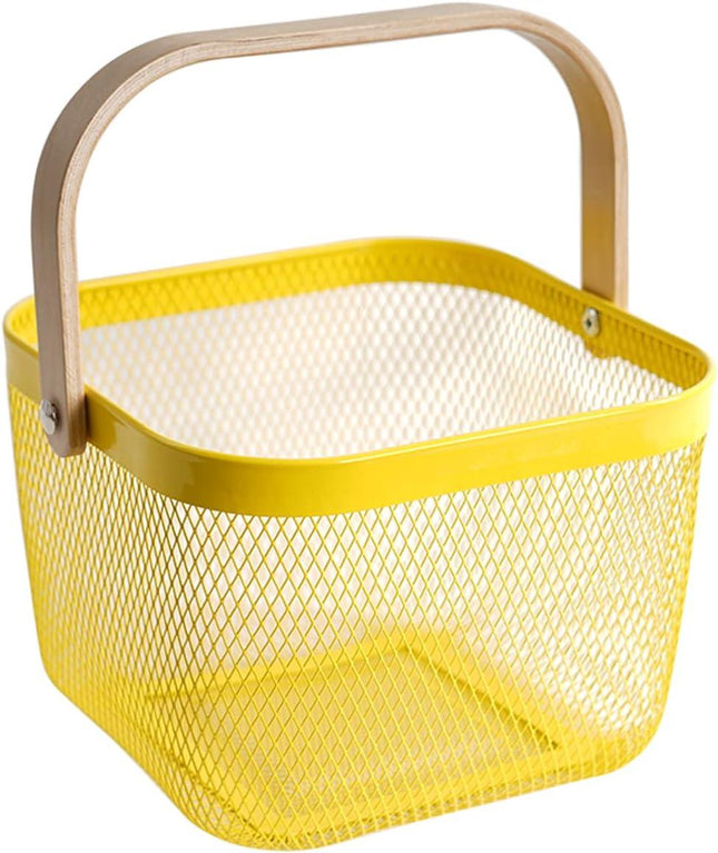 Yellow Mesh Easter Basket with Wooden Handle – 9.57 x 9.45 x 6.89 Inches