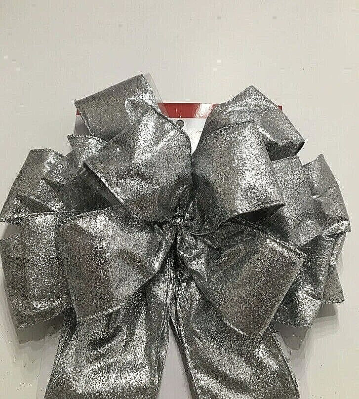 CELEBRATE IT WIRED JUMBO RIBBON SILVER GLITTER BOW 10" across