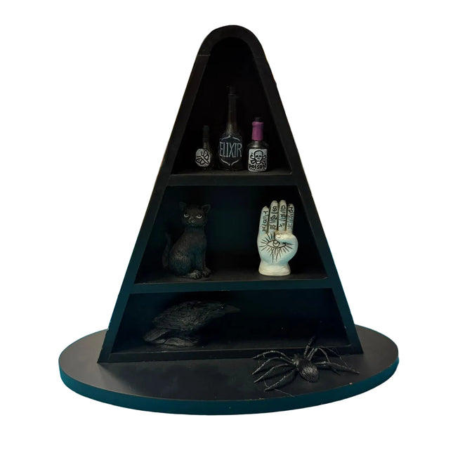 Black Witch Hat Display Shelf – Halloween Tiered Décor (11" x 10.5")