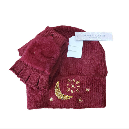 BEANIE AND GLOVE SET, ROSE WINE WITH GOLD MOON & STARS, ONE SIZE FITS MOST