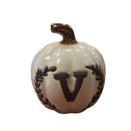 Ashland Fall White Porcelain Pumpkin with Letter V 5x5in