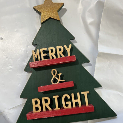 Merry & Bright Wooden Christmas Tree Decor 13x10