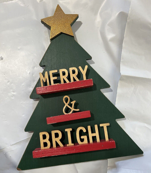 Ashland Home Christmas Tabletop Sign Decor Tree Shaped Wood Merry & Bright 13x10