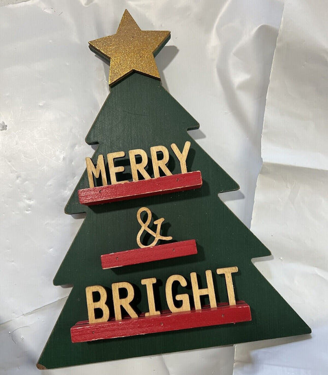 Merry & Bright Wooden Christmas Tree Decor 13x10