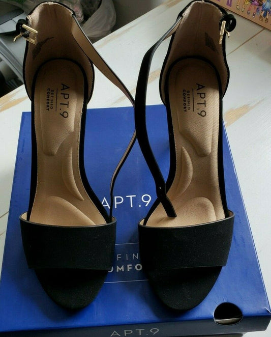 Apt 9 Mariana Black Open Toe Cushioned Faux Suede 4” Heel Sandal Sz 7.5M NIB