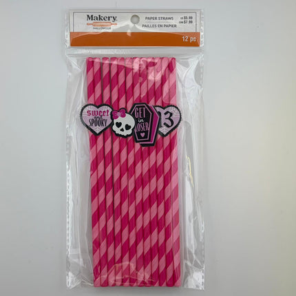 Halloween Pink Striped Paper Straws with Decorative Toppers – 12 Pack