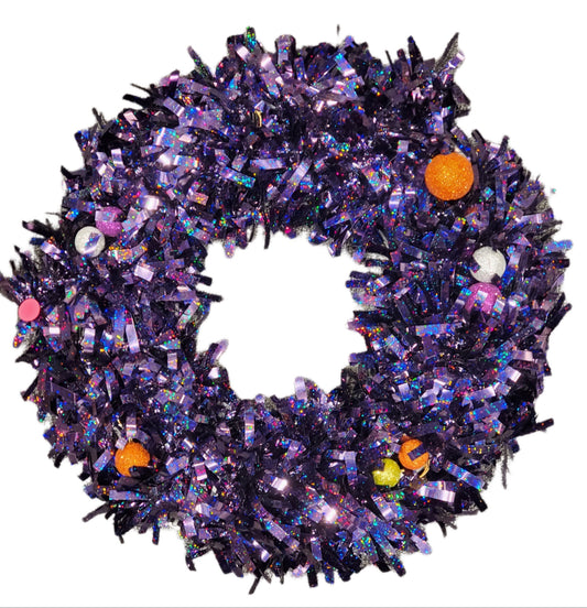 TINSEL WREATH ASHLAND HALLOWEEN PURPLE, BUILT IN HANGER 16 IN